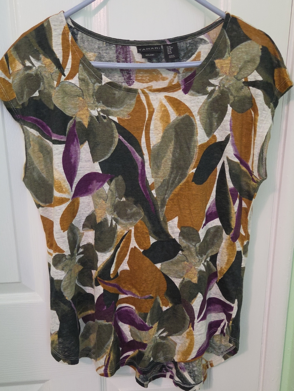 Tahari 100% Linen Floral Shirt Size M Tropical Boho Resort Vacation Cruise